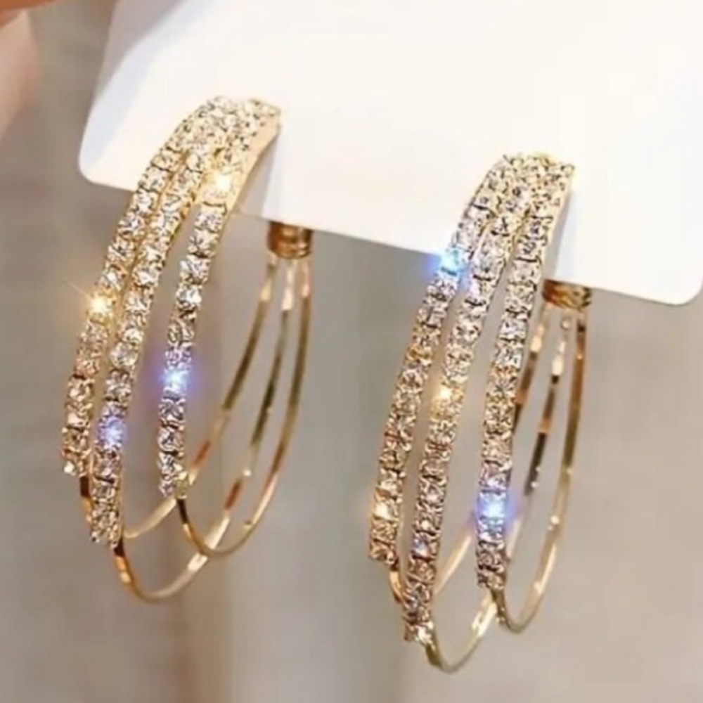 Elegant rose Goldtone and rhinestone triple hoop post Earrings New
